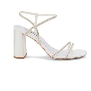 NWT BADGLEY MISCHKA Rebekah Metallic Block-Heel Sandals size 8.5 white ribbon